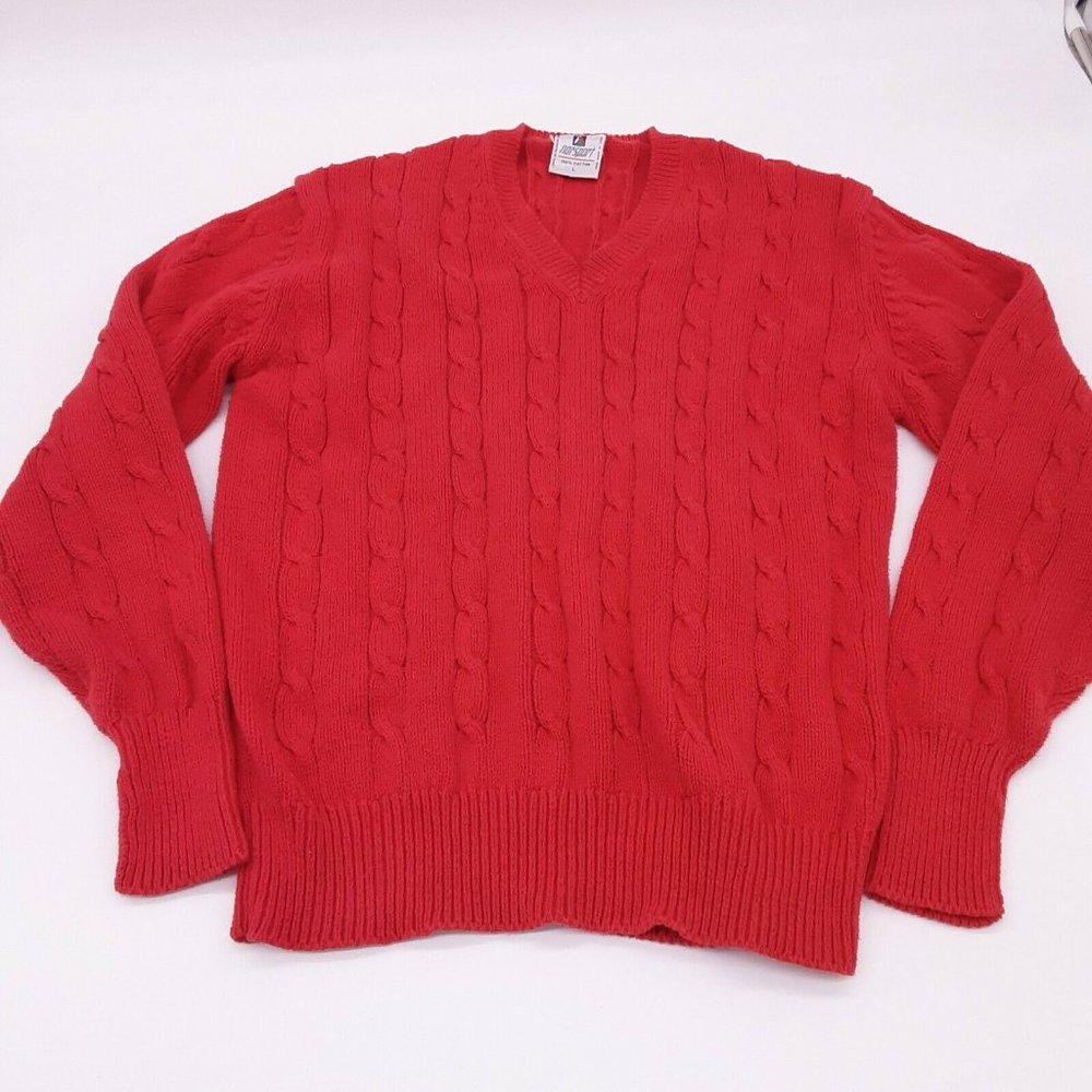 Vintage 80s Norsport RED Cable Knit Cotton Pullover Sweater Men's L Nordstrom